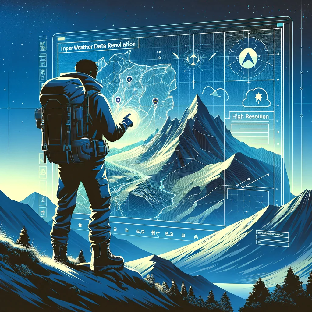 An illustration for an article about a tech company improving their weather data resolution. The image should feature a minimalist style, showcasing a person in hiking gear standing on a mountain. The background includes a high-resolution digital map on a screen, symbolizing the improved weather data. The map should display terrain features vividly, indicating the high altitude and varied topography. The person is examining the map, representing the end users who benefit from the enhanced data. The atmosphere should be futuristic, with sleek, modern technology elements.